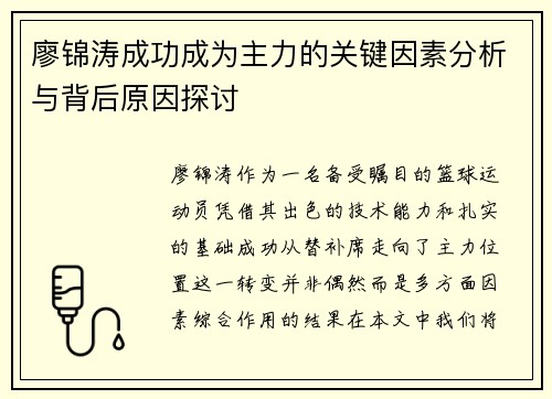 廖锦涛成功成为主力的关键因素分析与背后原因探讨