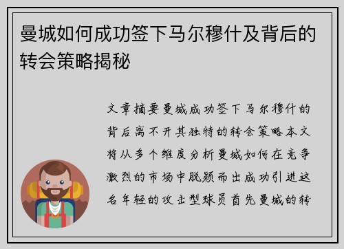 曼城如何成功签下马尔穆什及背后的转会策略揭秘