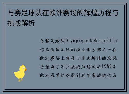 马赛足球队在欧洲赛场的辉煌历程与挑战解析