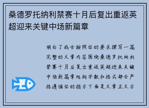 桑德罗托纳利禁赛十月后复出重返英超迎来关键中场新篇章